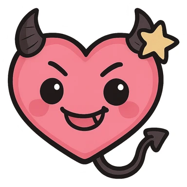 devil emoji, chibi style, pink and black colors, heart-shaped face, small horns, mischievous grin, cute expression, star accessory sticker
