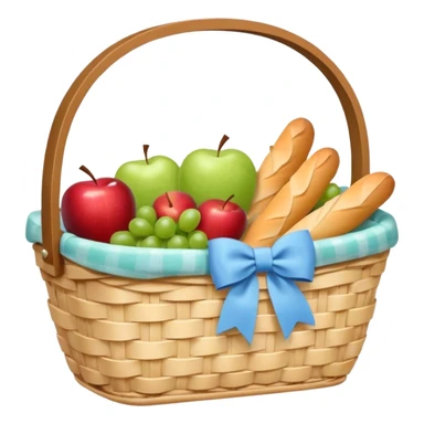 A white Picnic basket with pastel blue bow，contained baguettes and fruit, sticker