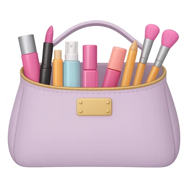 Create an image of a cosmetic bag with cosmetics peeking out. The bag should be pastel colored and styled like an emoji. The background should be removed, isolating the subject clearly. sticker