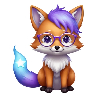 Heart eyes 😍 — a small magical fox with shimmering purple and blue fur, a glowing fluffy tail, a silver star on its forehead, round glasses, and a tiny lantern. sticker