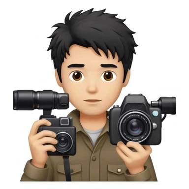 a man with black messy hair with a camera sticker
