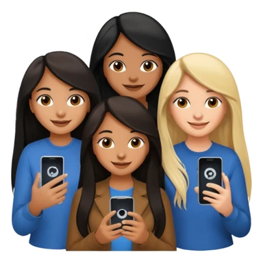3 brown girl friends with a phone on their hand, one with black long hair, one with brown hair long and the other one with black and blonde hair,  sticker