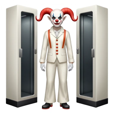full-body demonic clown in a white leisure suit with bellbottom pants, bald, with black ram horns, wearing elevator shoes sticker