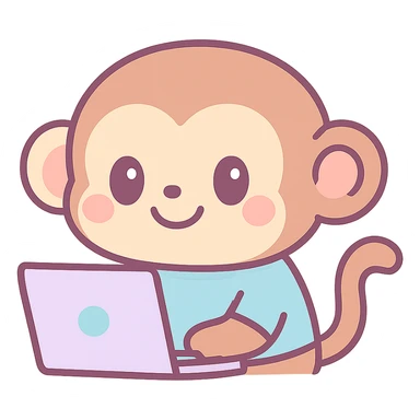 cute cartoon monkey using a laptop, smiling, wearing a blue shirt sticker