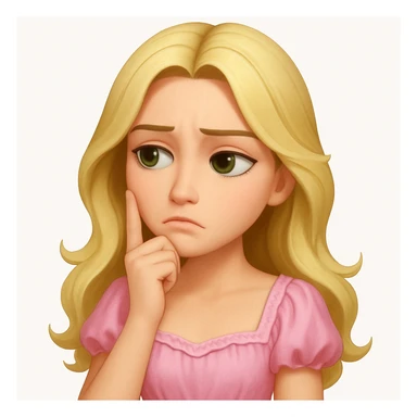 Create an image of a blonde with long hair and swamp eyes wearing a pink pastel dress, thoughtful expression. The style should match the apple emoji style as shown in the reference image. sticker