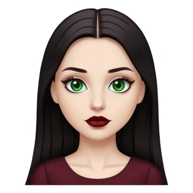 white girl with dark straight long hair, green eyes, black eyelashes, dark red lipstick and black dress sticker