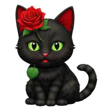 Cute emoji-style black cat holding a red rose in its mouth, big round eyes with light green sclera and black pupils, fluffy fur, clean mascot style, centered, soft beige background, 1:1 ratio. sticker