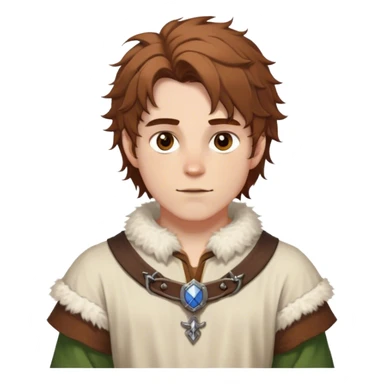 medieval spring outfit worn by a DnD themed fantasy male character. cotton tunic with sleeves rolled to the elbow, featuring a light fur-lined collar for chilly mornings. clothes only above the waist. The clothes full waist. The character's haven't arms. character is white-skinned, chestnut brown hair, amber eyes, shoulder-length messy hair. sticker