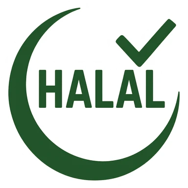 the word 'Halal' with a green checkmark and crescent, emphasizing certification sticker