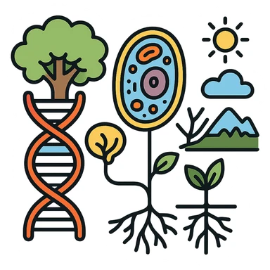 A realistic biological illustration (like in a school book) showing: DNA strands transitioning into a tree, cells with visible organelles, neurons connected to plant roots  and a balanced ecosystem background . Seamless integration, no labels or borders, complete white background (not off white!), detailed but minimalist.  sticker