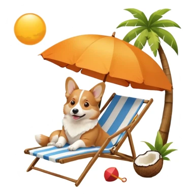 a corgi dog laied on a beach chair, a sunny beach, a sun umbrella, and beach coconut trees. the icon should capture the essence of a relaxing beach vacation with a carefree atmosphere sticker