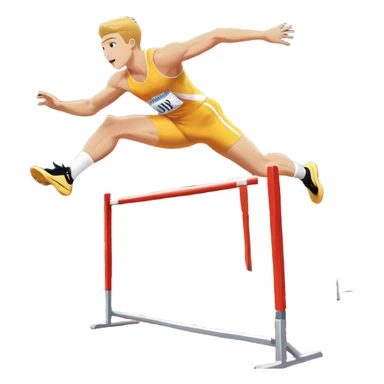 An icon of an athlete soaring over a hurdle, mid-jump, with a powerful form. The background features a vibrant stadium, with the track and hurdles in sharp focus, and a cheering crowd along the stands. The motion of the jump emphasizes speed and agility. Transparent background. sticker