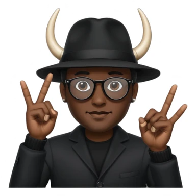 man dressed in black with dark glasses black Lens and a black hat hwo making the horns gesture on each  hands sticker