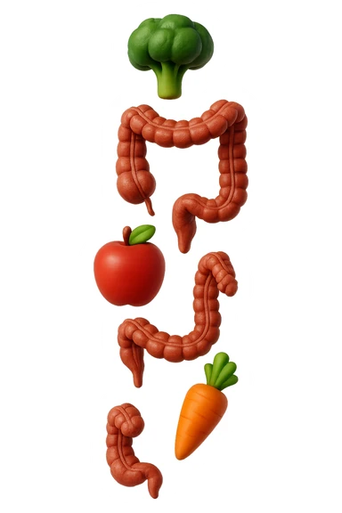 emoji stile iphone in 3d di cibo sano che fluttua in aria vericalmente insieme a pezzi di colon umano anatomico, iperrealistico 4k sticker