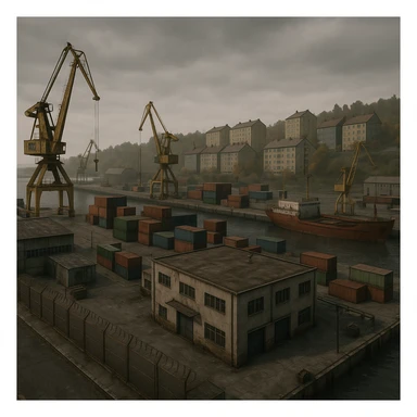 a screenshot of the game DayZ videogame, the harbor in a Scandinavian port town, industrial harbor at apartment blocks sticker