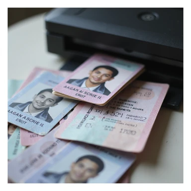 realistic thumbnail image for a passport photo printing service, showing a printer and many passport photos, with one photo in the front clearly highlighted and separated from the rest sticker