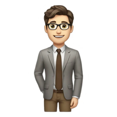Pale skinned fit man with dark brown hair in gray jacket, beige office shirt, brown tie, brown pants and vintage glasses Writing on the flipchart sticker