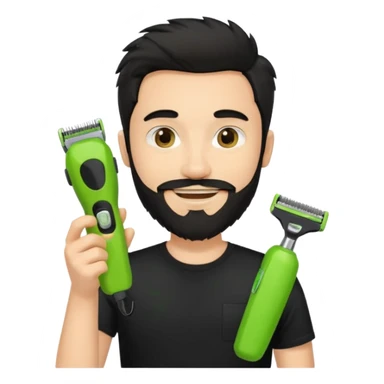 young handsome fair-skinned man with messy black hair and beard, smiling, wearing a black t-shirt, holding one small true-to-size lime green face beard trimmer in one hand, iOS emoji style sticker