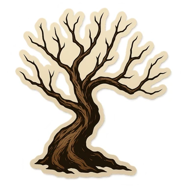 Dry tree with crooked branches without leaves, clear black outlines, expressive shadows and highlights, aged bark texture, retro stickers style, no smooth color transitions. sticker