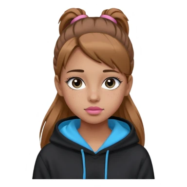 Create a teenage girl with straight light brown hair pulled into a ponytail, tan skin, light freckles, and blue-grey eyes. She will have pink lips and long black eyelashes. She will be wearing a big black hoodie. sticker