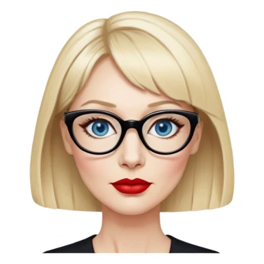 Woman in her early 50s with pale skin, wider face, blue eyes with eyeliner, thin eyebrows, red lipstick, blonde hair up with bangs, wearing a black glasses  sticker
