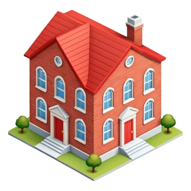 Red brick schoolhouse, isometric dollhouse-style, realistic sticker