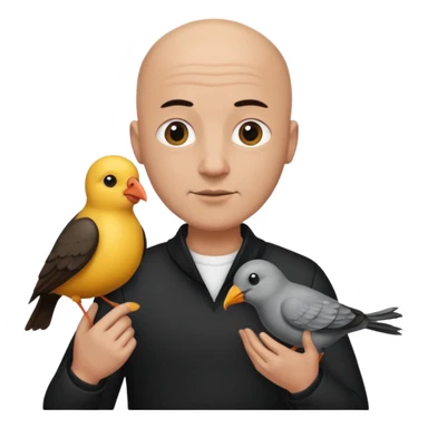 black thsirt bald man with bird sticker