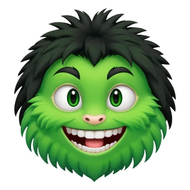 A bald person with bright white skin with a green sclera and green teeth, grinning widely. Has fluffy black neck fur, with a fluffy black body sticker