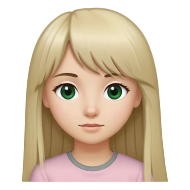 A girl with long straight blond hair and long bangs. Her right eye is brown, her left eye is dark green. A slight smile. She is wearing a light pink shirt and grey wide trousers. sticker