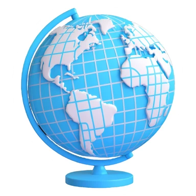 3D cyan globe icon with white land, modern style, with grid lines, slightly tilted sticker