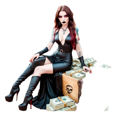 Lilith symbol red eye seductress evil long brown haired sexy succubus woman with leather long dress with slit, sitting in Big Large F350 pickup truck. Black Platform high heels on feet. Tattoo sleeve arms, seat full of stacks of cash, and a man dead human skull of her enemies and a gun in other hand sticker