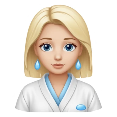 Blonde women, with brown eyes, wearing a white spa robe with blue gel eye pads under her eyes. sticker