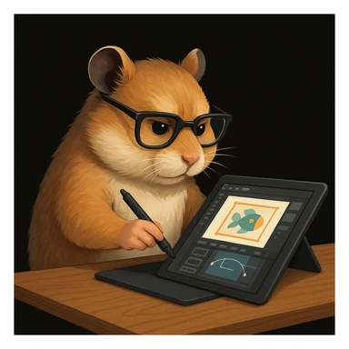 a mature, modern, semi-realistic hamster wearing cool glasses, creating a design or making animations, showing creative action, on a solid black background, not overlapping with other elements sticker