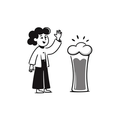 hand-drawn doodle of a beer glass and a friendly waving character, simple and playful sticker