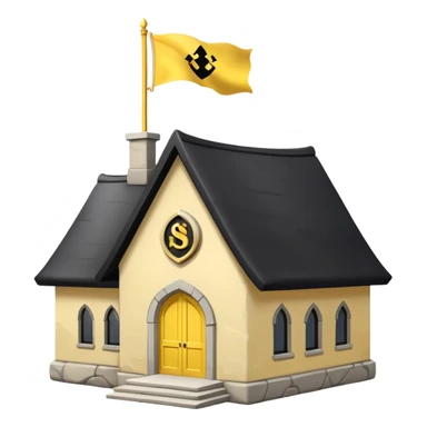 simple magic school, white background, magic school, black roof, with a big flag, big flag on a roof, big yellow flag, white school sticker