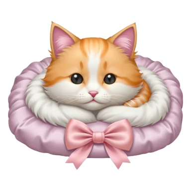 light orange and white kitten with a satin pink bow sleeping on a satin white cat  ed sticker