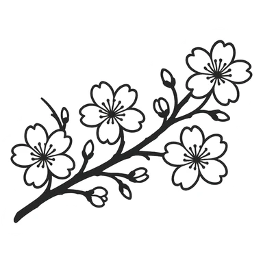 long single-color sakura branch in eastern style, minimalist, large flowers, no background, for sign decoration, 1200x100px sticker