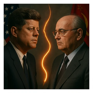 realistic portrait of John F. Kennedy and Mikhail Gorbachev with a glowing hot wire between them, US and Russian flags, Cold War context sticker
