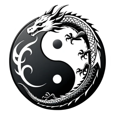 An icon symbolizing Eastern martial arts in the style of an emblem, featuring a black-and-white Yin-Yang symbol and a dragon at the center, surrounded by elements like a dojo. Transparent background highlights balance and power. sticker