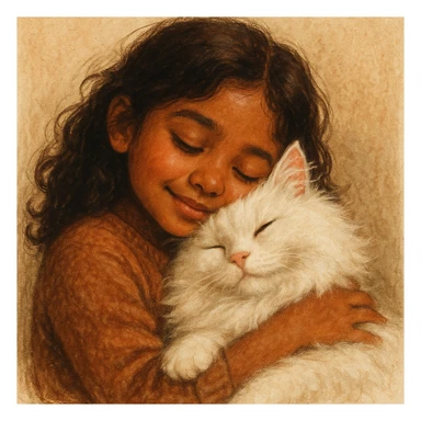 brown girl snuggling fluffy white cat, style 8 sticker