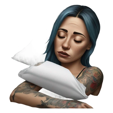 Hyper Realistic Beautiful tattooed woman crying holding a tissue lying on her bed sticker