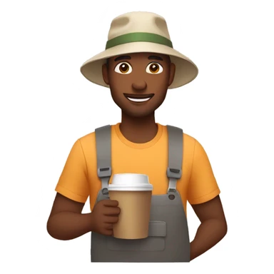 man holding two coffees wearing a bucket hat sticker