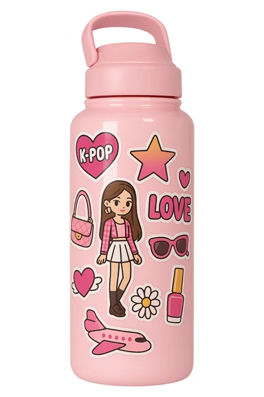 pink kpop idol water bottle with stickers, stylish sticker