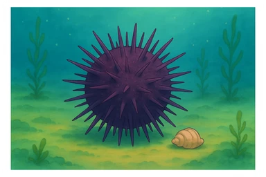 Another sea urchin in Ghibli style, underwater scene, round and spiky, with a small shell nearby, no text. sticker