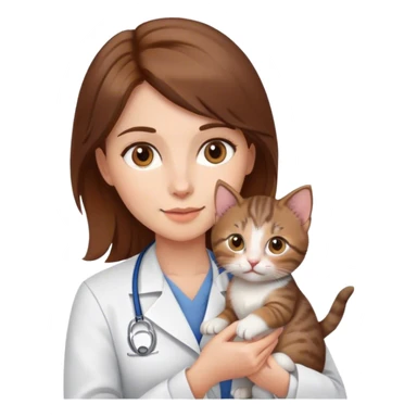female veterinarian with brown hair and brown eyes holding a kitten sticker