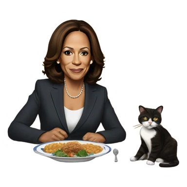 Kamala Harris sitting a a table. There is a plate on the table with a sleeping cat. Kamala has silverware in her hand and her mouth is watering sticker