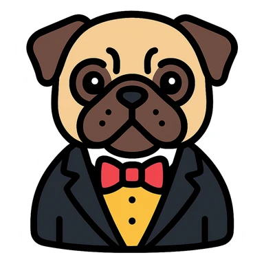 pug dog wearing a tuxedo, color icon sticker