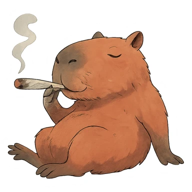 a capybara lounging and smoking a hand-rolled weed joint, playful, ghibli style sticker