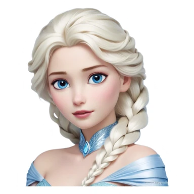 Cinematic Realistic Elsa Portrait, depicted with lifelike skin texture, soft natural lighting, and intricately detailed platinum blonde hair styled elegantly. Her striking, expressive blue eyes exude confidence and grace, complemented by a serene and regal expression. She is dressed in her signature icy attire, with shimmering fabric textures and delicate folds that catch the light beautifully. The portrait features a soft, enchanting glow with a cool, radiant finish, capturing the essence of timeless elegance in a realistic and painterly style, evoking a sense of depth and authenticity. sticker