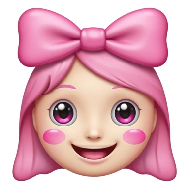 surreal and kawaii emoji face with huge sparkling cartoon eyes, a wide realistic human smile with perfect teeth, pink cheeks, and a big pink bow on its head. The background is transparent. Above the head, the text "kawowiwo-wiwi" is written in a playful, handwritten font sticker